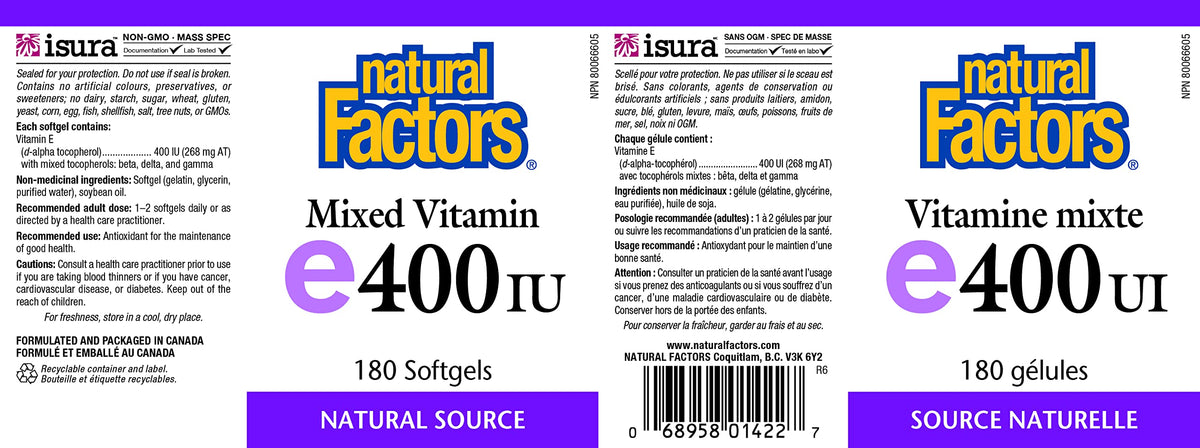 Natural Factors Vitamine E 400 UI gélules molles avec étiquette