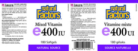 Natural Factors Vitamine E 400 UI gélules molles avec étiquette