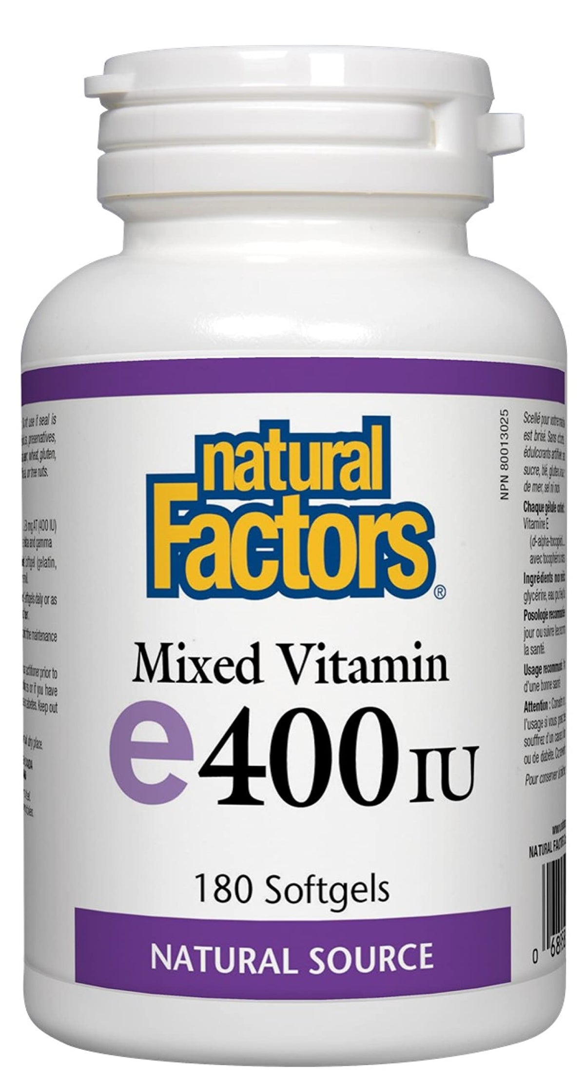 Natural Factors Vitamine E 400 UI gélules molles vue de face
