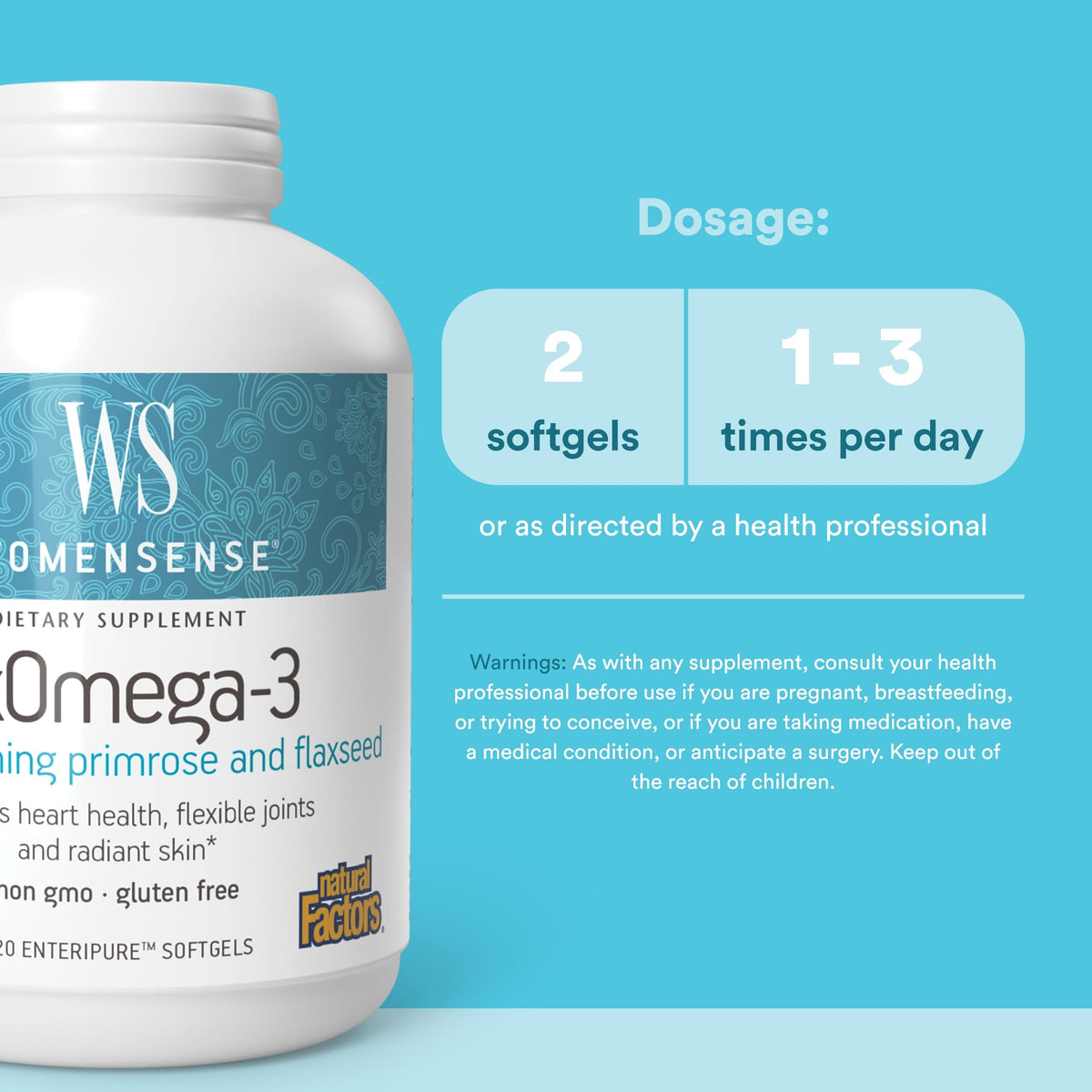 Natural Factors WomenSense RxOmega-3 gélules sur fond blanc