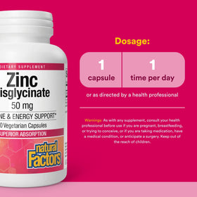 Natural Factors Zinc Bisglycinate 50 mg 60 capsules sur une table