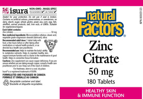 Natural Factors Zinc Citrate 50mg 180 comprimés, emballage