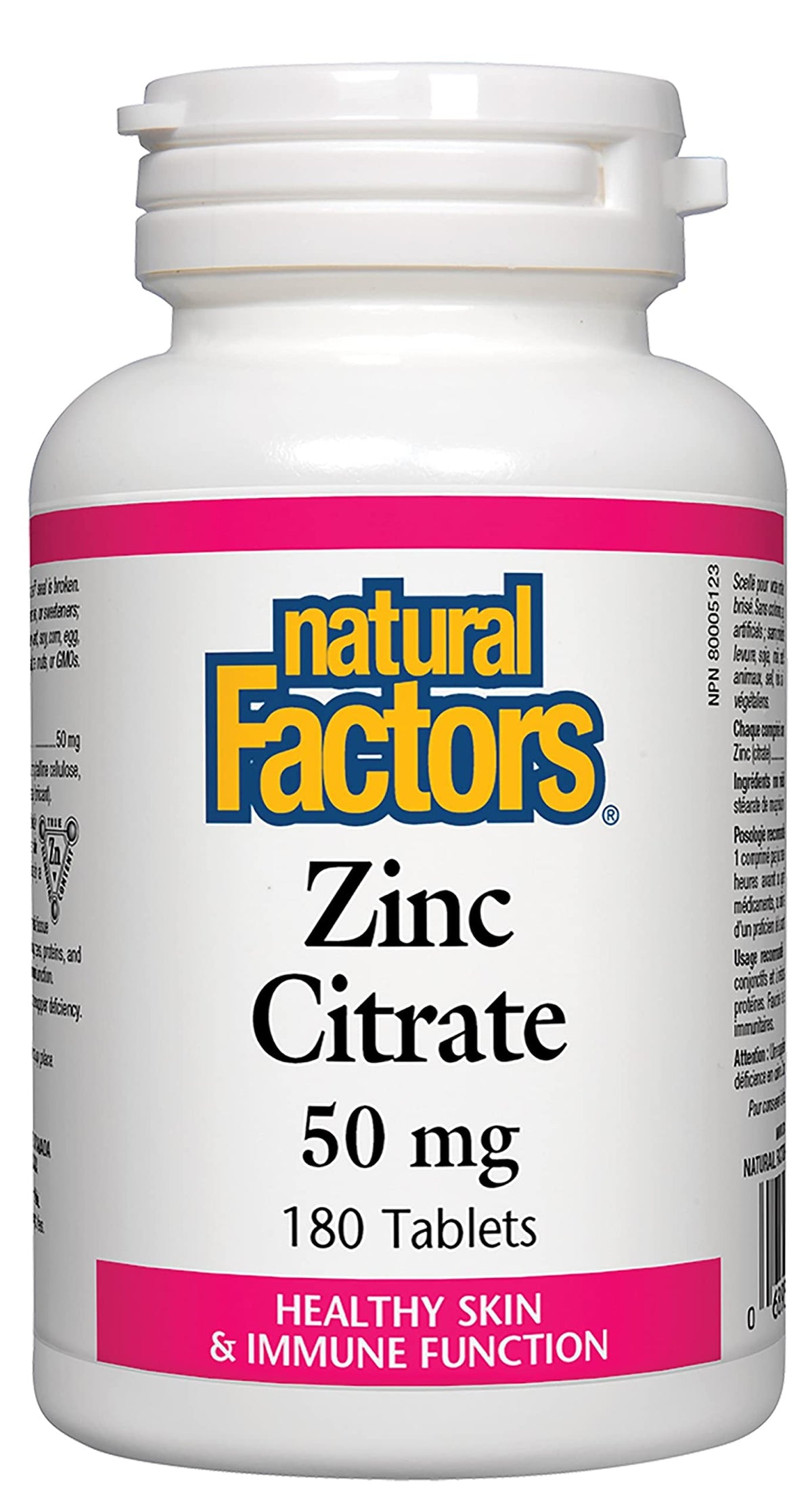 Natural Factors Zinc Citrate 50mg 180 comprimés, vue de face