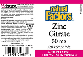 Natural Factors Zinc Citrate 50mg comprimés avec un verre d'eau