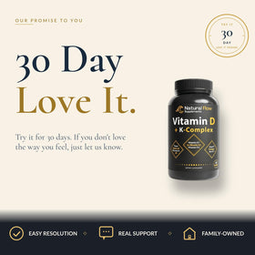 Natural Flow Vitamine D3 K2 5000 IU avec des ingrédients naturels autour