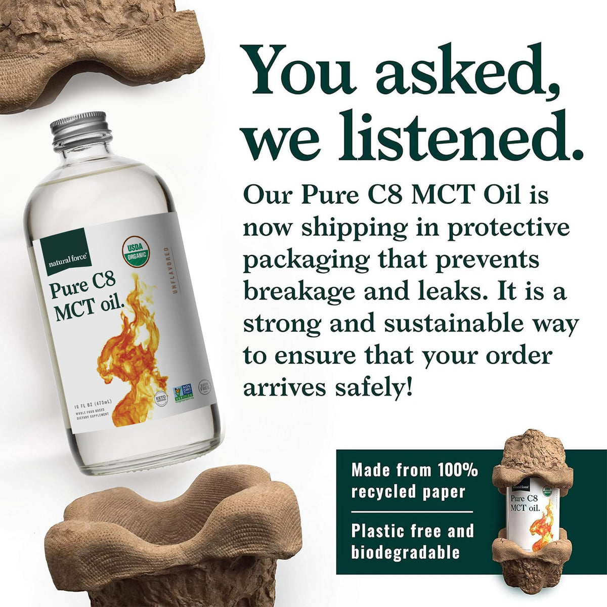 Natural Force huile MCT C8 Pure Bio étiquette biodégradable