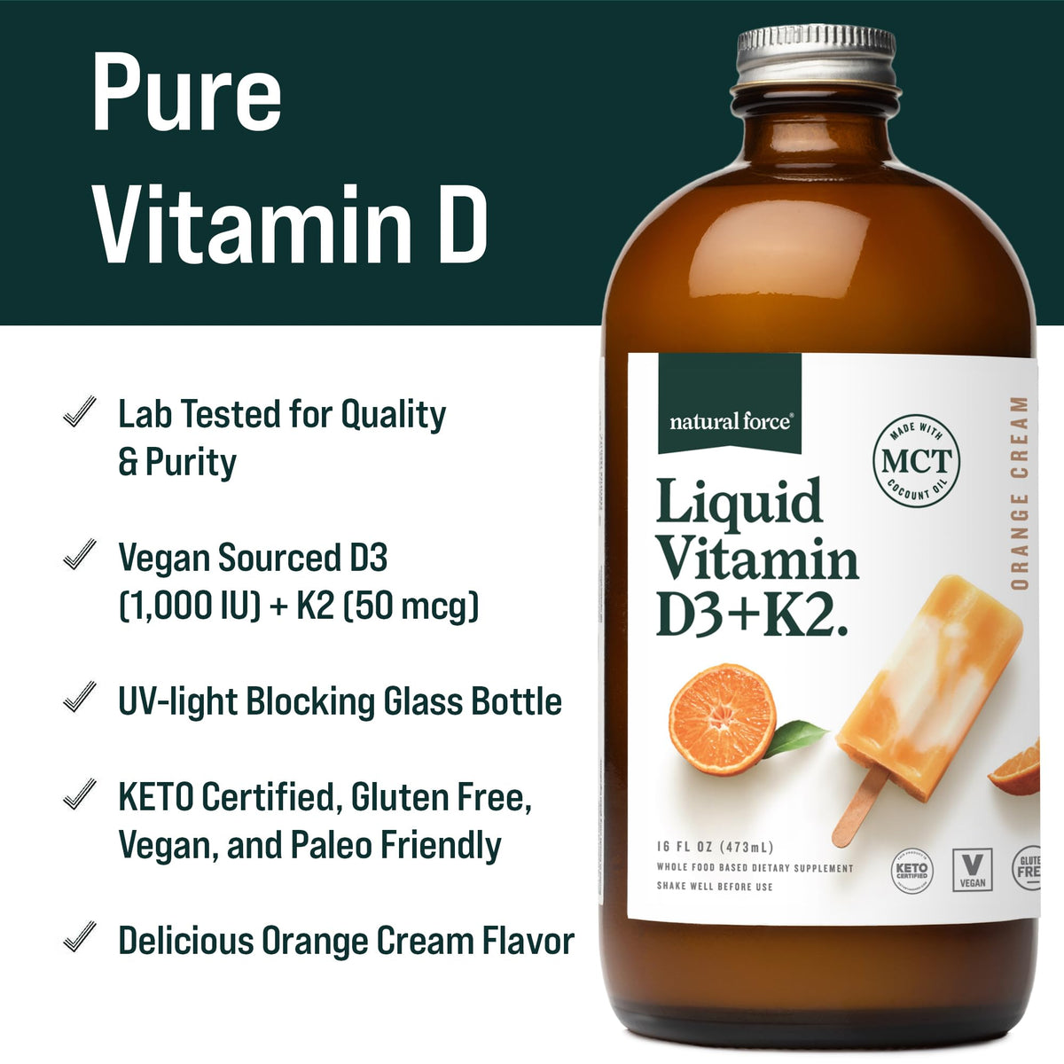 Natural Force Vitamine D Pure cuillère avec liquide orange crème