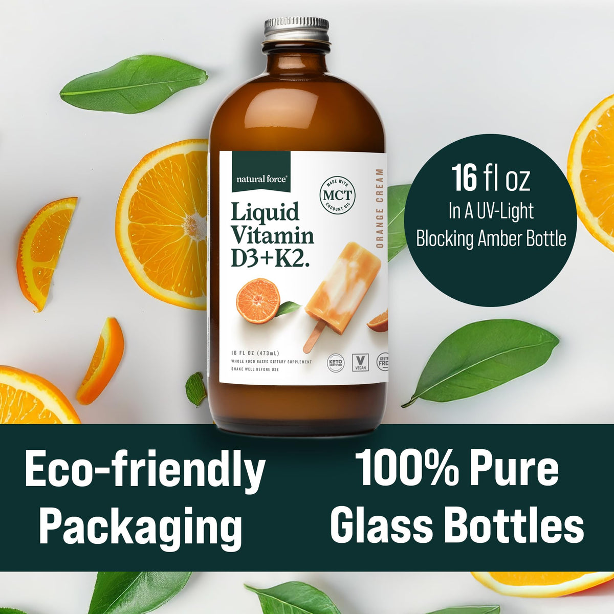 Natural Force Vitamine D Pure flacon ouvert avec cuillère à côté