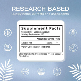 Natural Labs L-Lysine 600mg capsules with measuring spoon