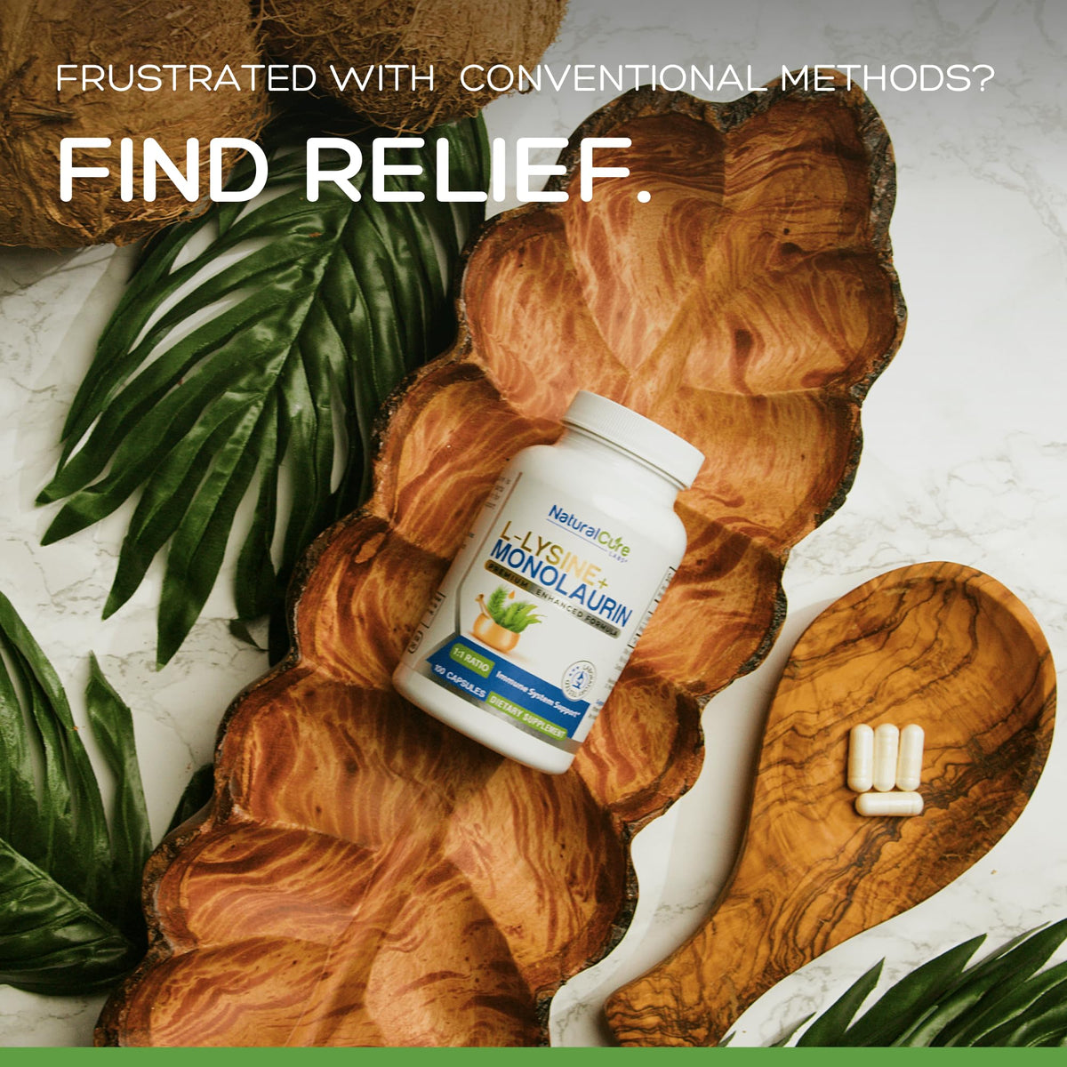Natural Labs L-Lysine Monolaurin 600mg 100 Capsules on a wooden table