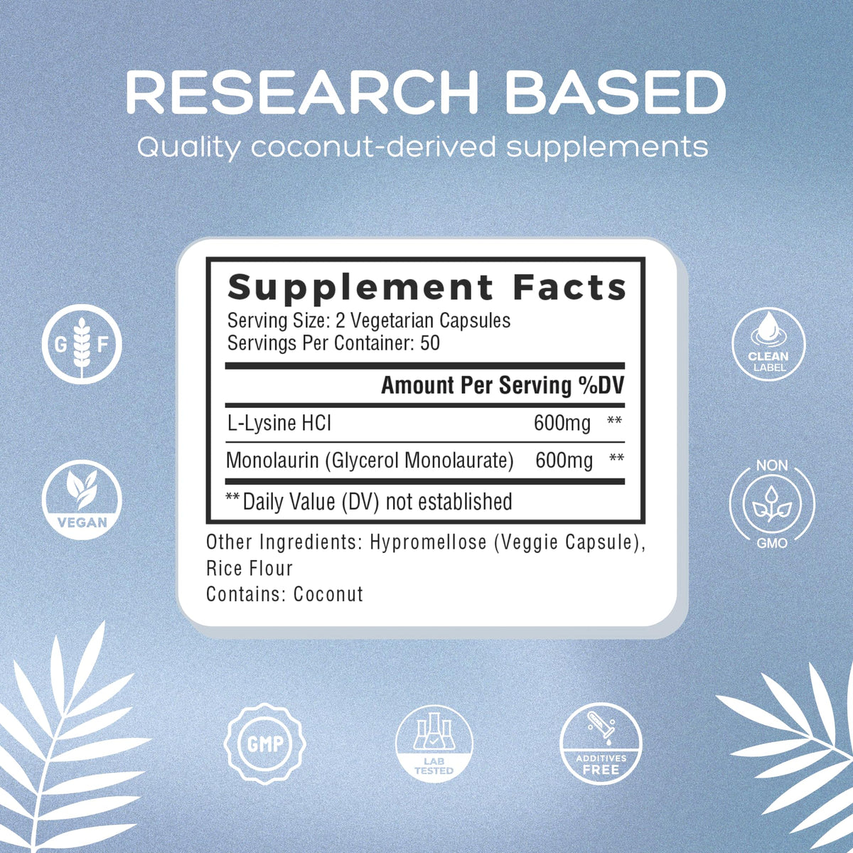 Natural Labs L-Lysine Monolaurin 600mg 100 Capsules with label details