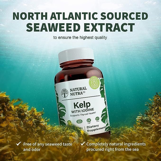 Natural Nutra Kelp Iodine 225 mcg comprimés avec un verre d'eau