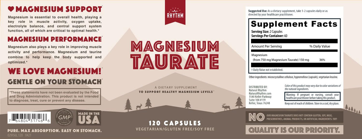 Natural Rhythm Magnésium Taurate 750mg 120 Capsules - présentation sur une table