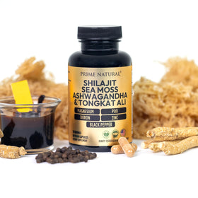 NATURAL Shilajit 1000mg capsules on a wooden table
