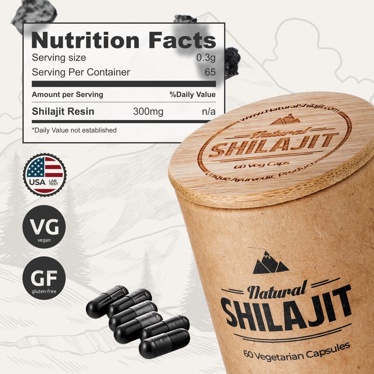 NATURAL SHILAJIT Capsule vegan de 300 mg avec étiquette visible