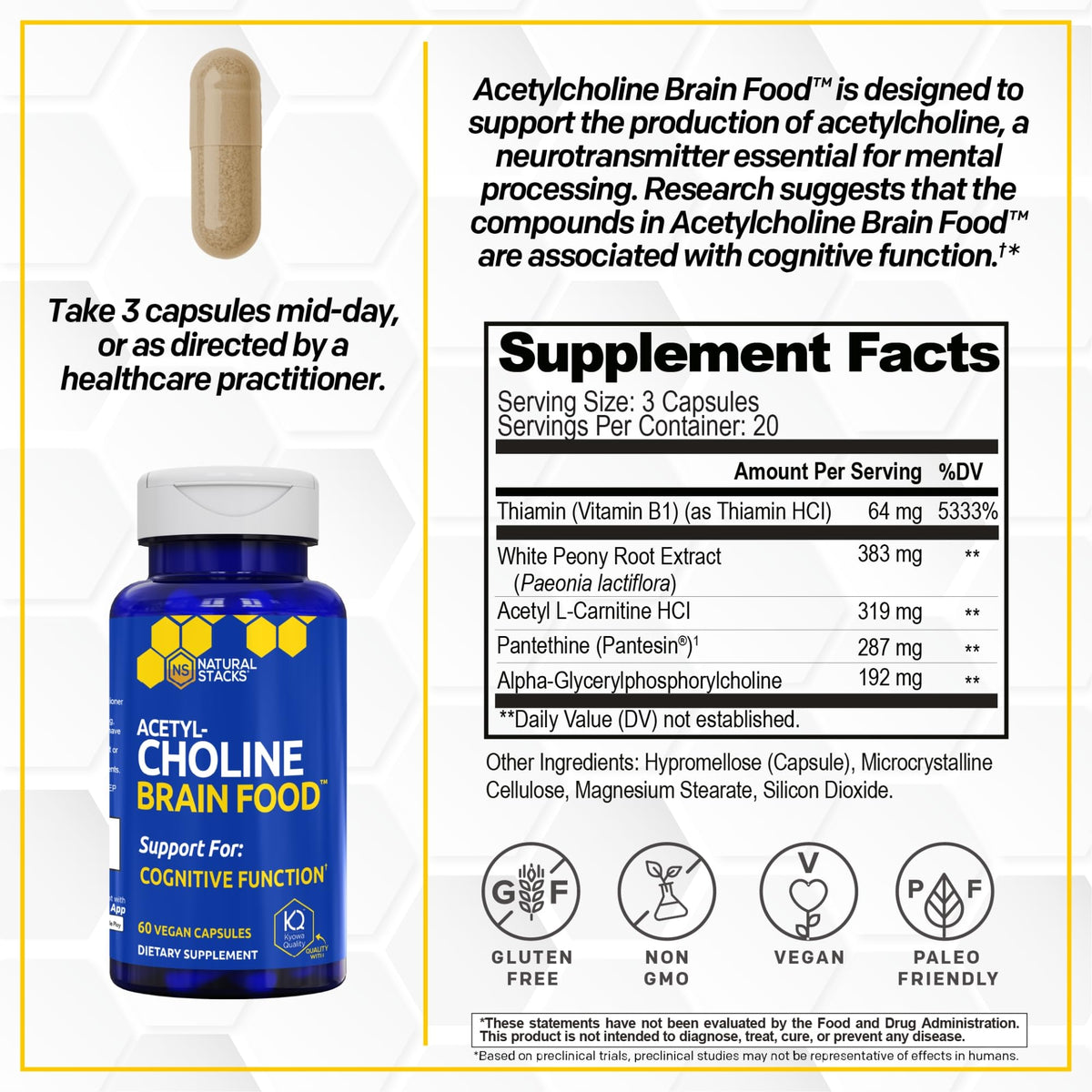 NATURAL STACKS Acetylcholine Brain Food 60 Ct, étiquette avec ingrédients