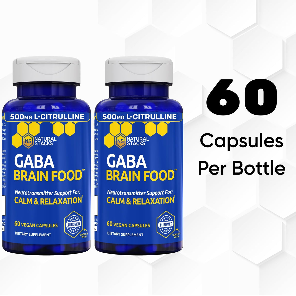 NATURAL STACKS GABA Brain Food, flacon ouvert avec capsules