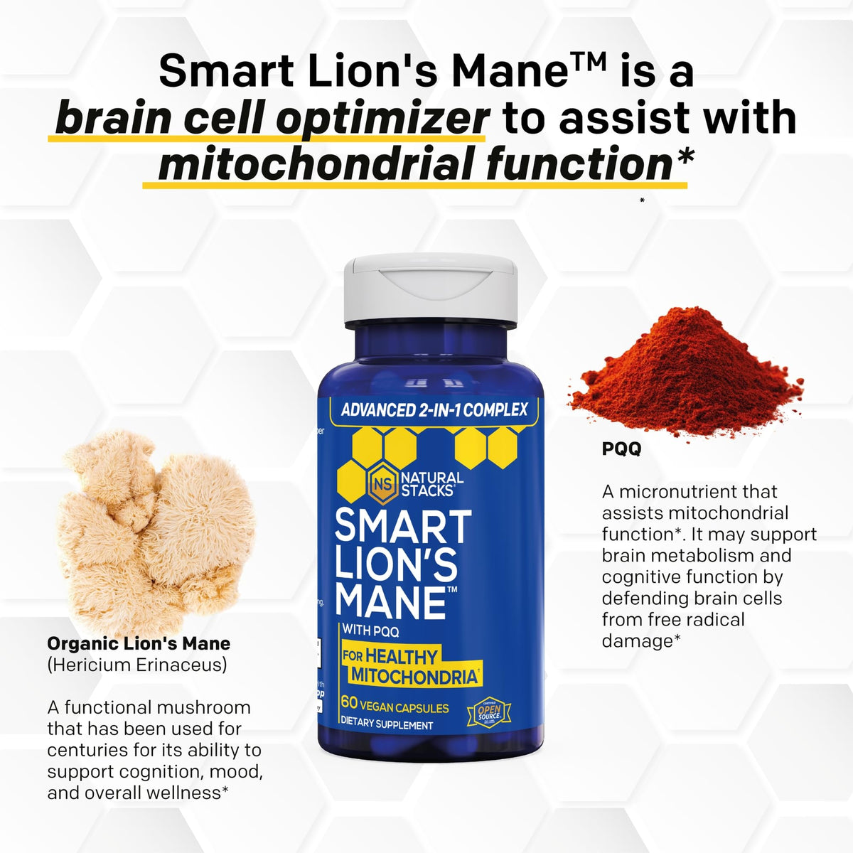 NATURAL STACKS Lion's Mane 1000mg capsules on a wooden table