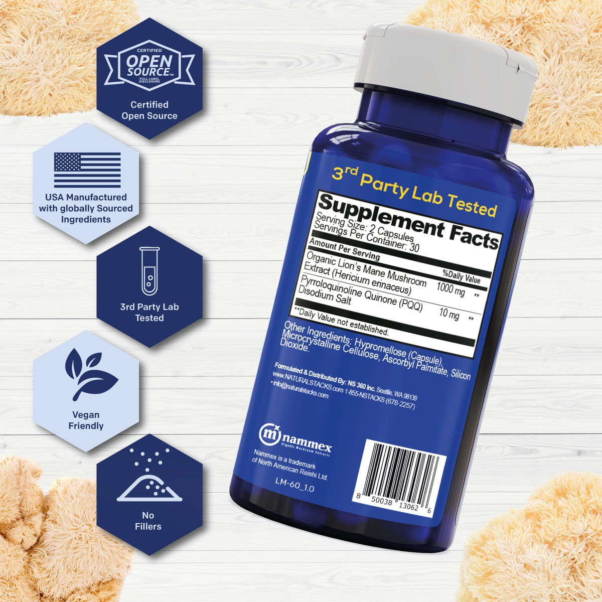 NATURAL STACKS Lion's Mane 1000mg capsules side view