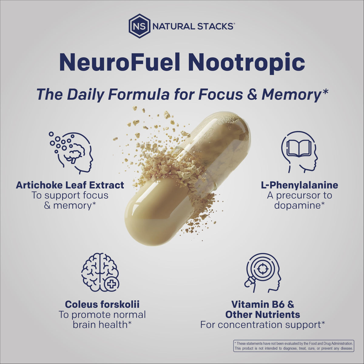 NATURAL STACKS NeuroFuel contenant ouvert avec capsules