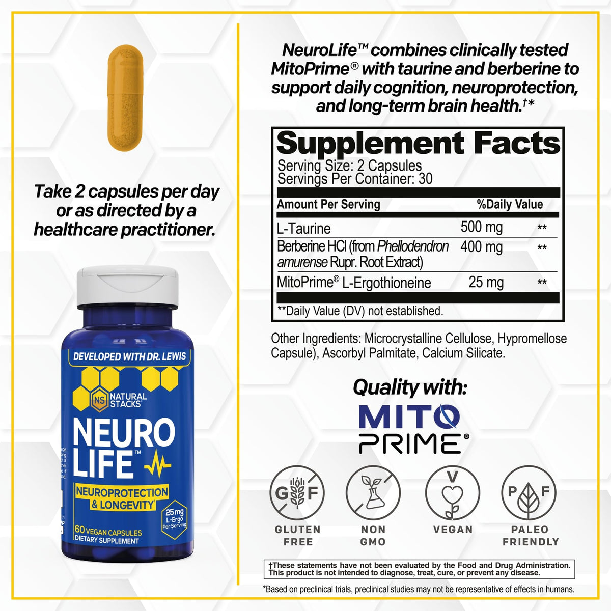 NATURAL STACKS NeuroLife 60 capsules arrière avec ingrédients
