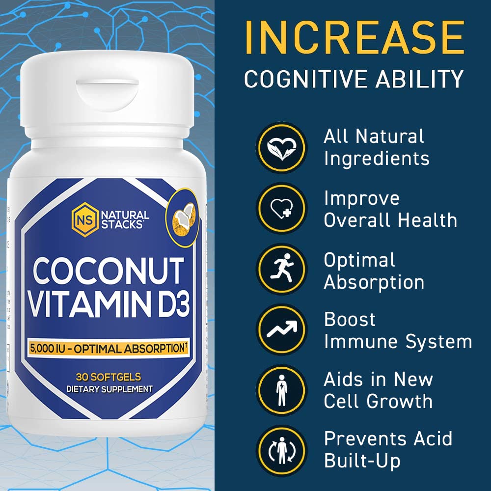 NATURAL STACKS Vitamine D3 5000 IU capsules molles ouvertes montrant le contenu