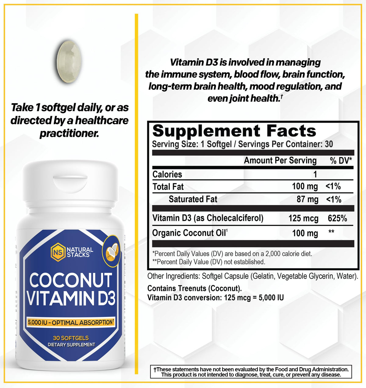 NATURAL STACKS Vitamine D3 5000 IU capsules molles sur fond blanc