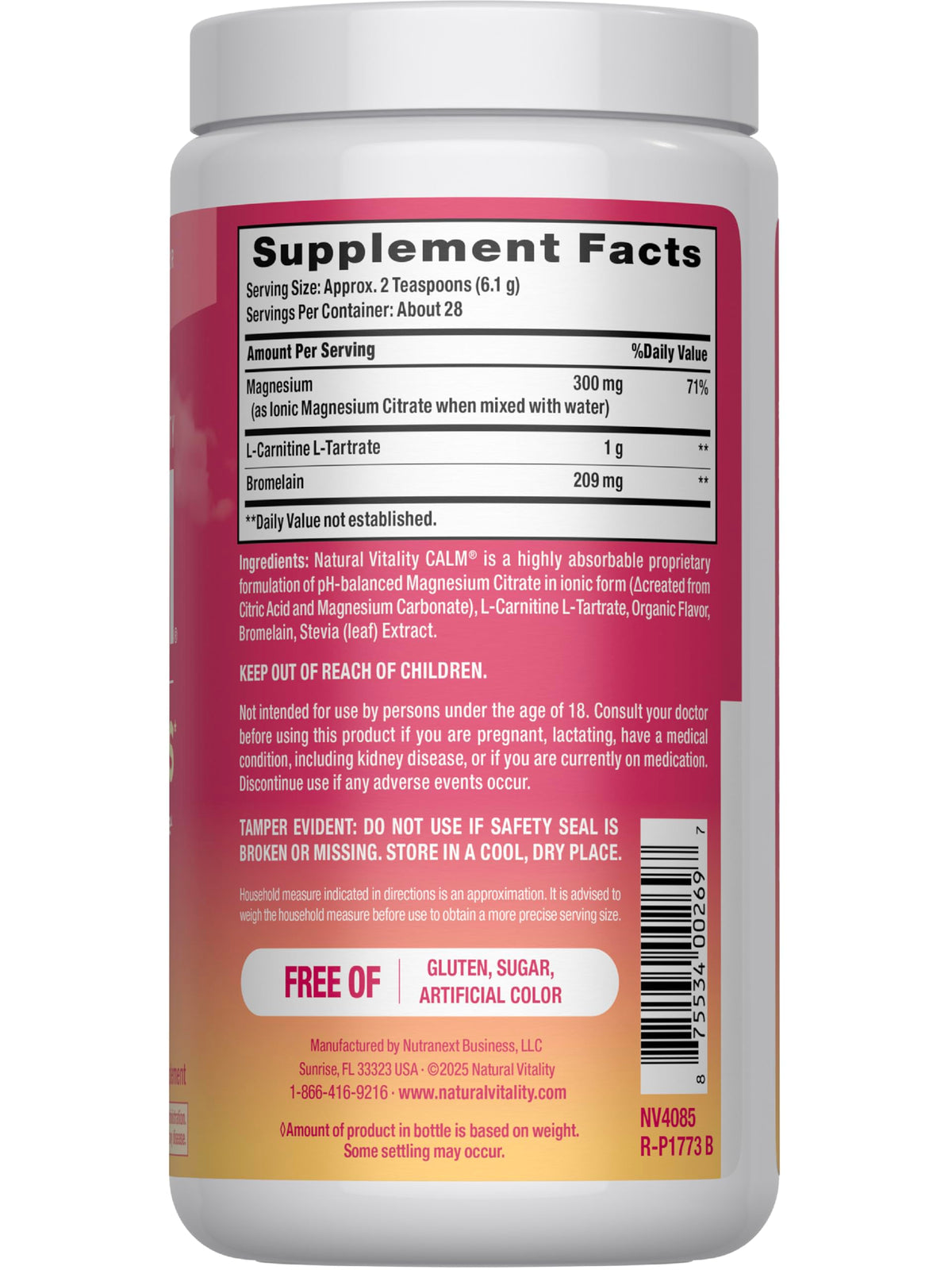 Natural Vitality Calm Muscles Poudre 222g saveur pastèque vue arrière