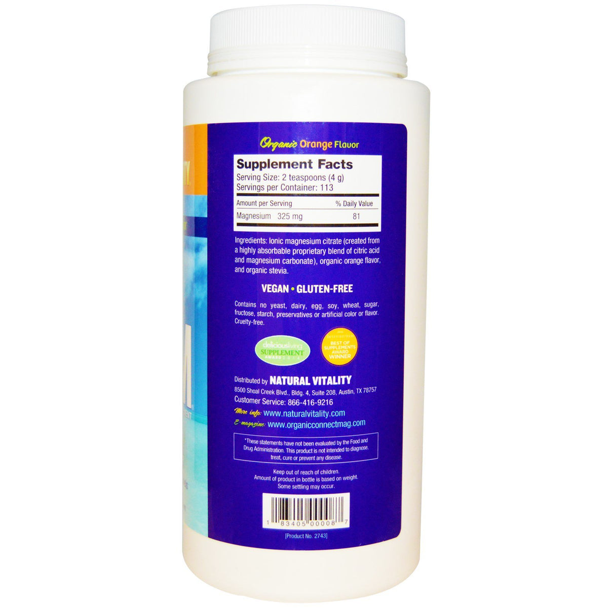 Natural Vitality Vitamin Calm Orange 540g powder in a glass of water