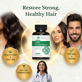 Natural Wellbeing Hair Essentials 90 capsules sur une table