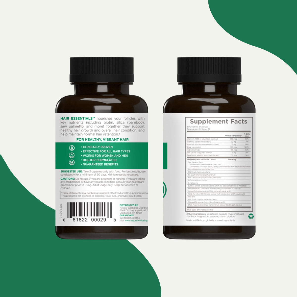 Natural Wellbeing Hair Essentials capsules dans un verre