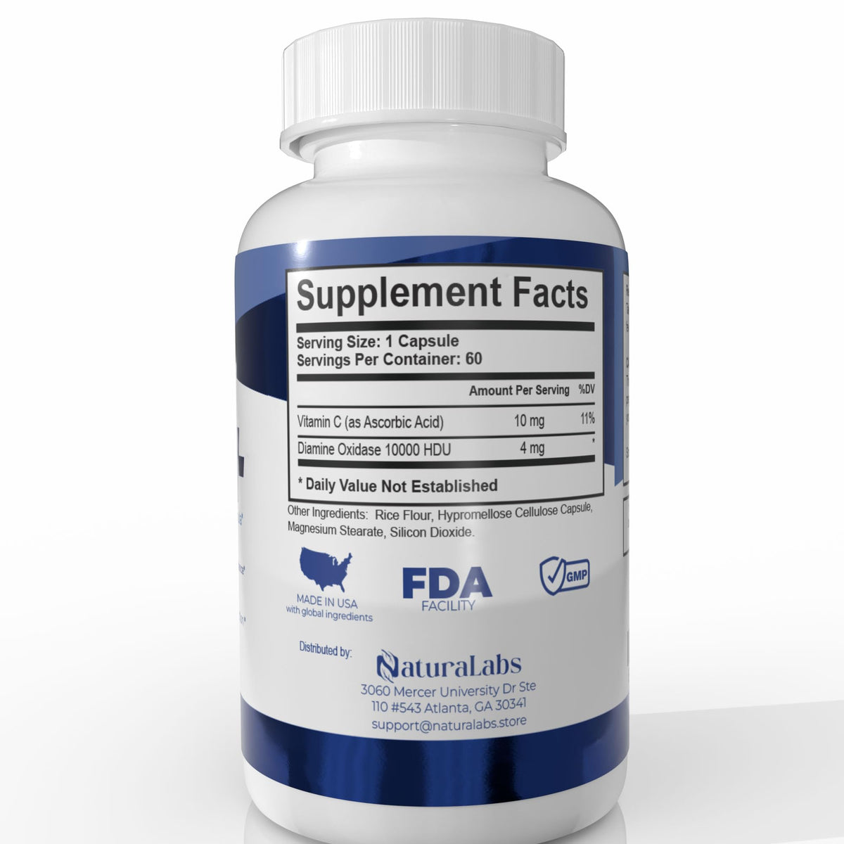 NATURALABS DAO Enzyme flacon avec capsules à côté d'aliments