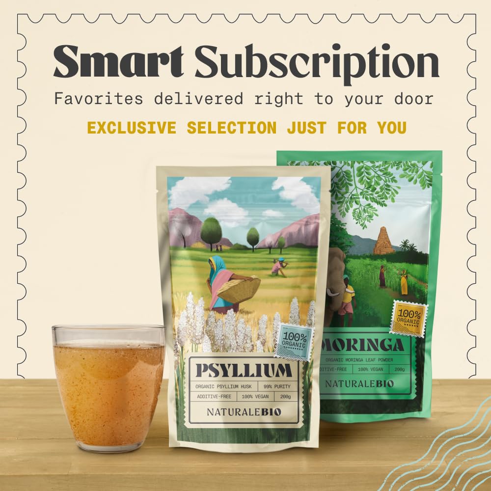 NaturaleBio Psyllium Bio 340g sur une table avec d'autres ingrédients