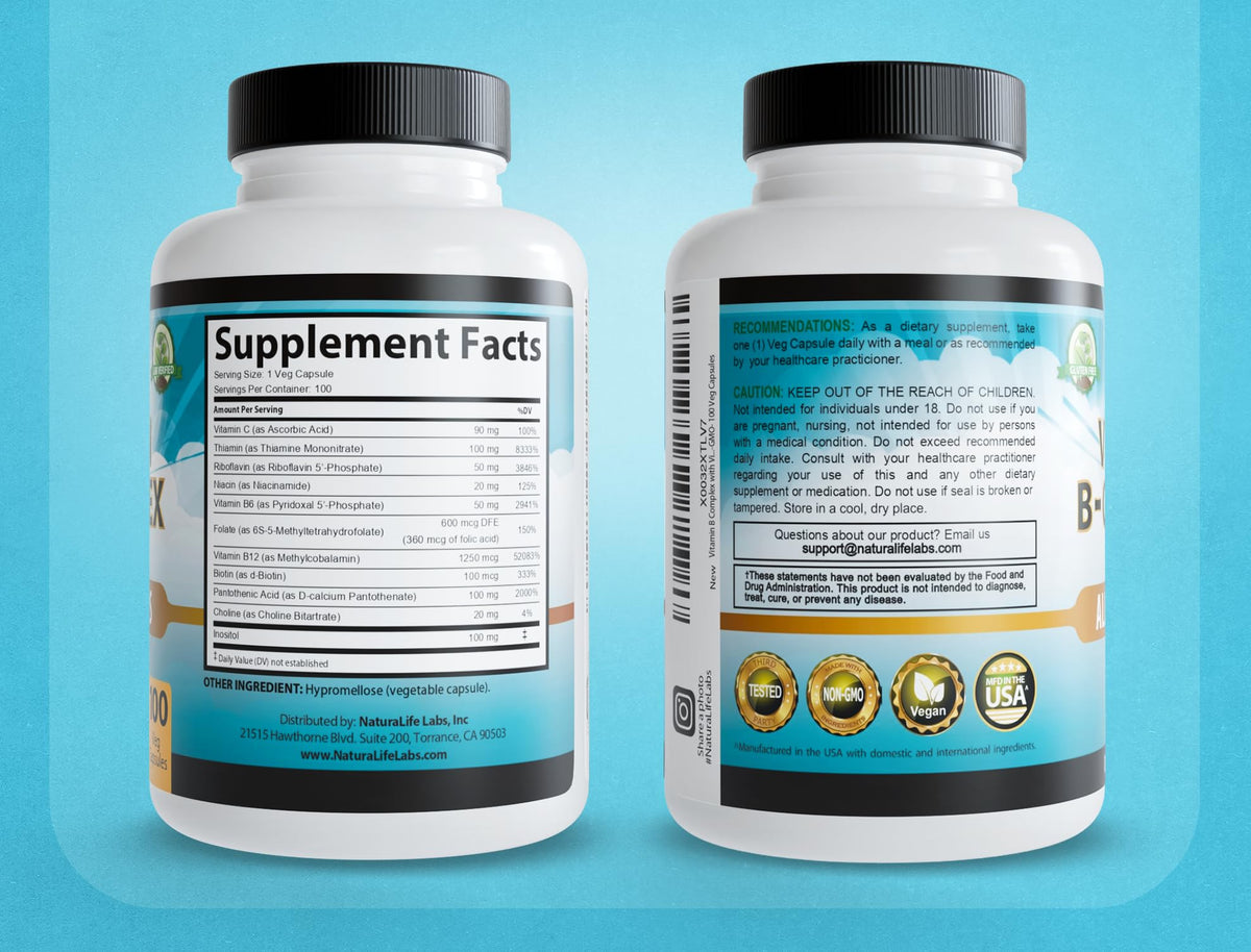 NaturaLife Labs Complexe de Vitamines B 100 Capsules, mise en scène avec d'autres compléments