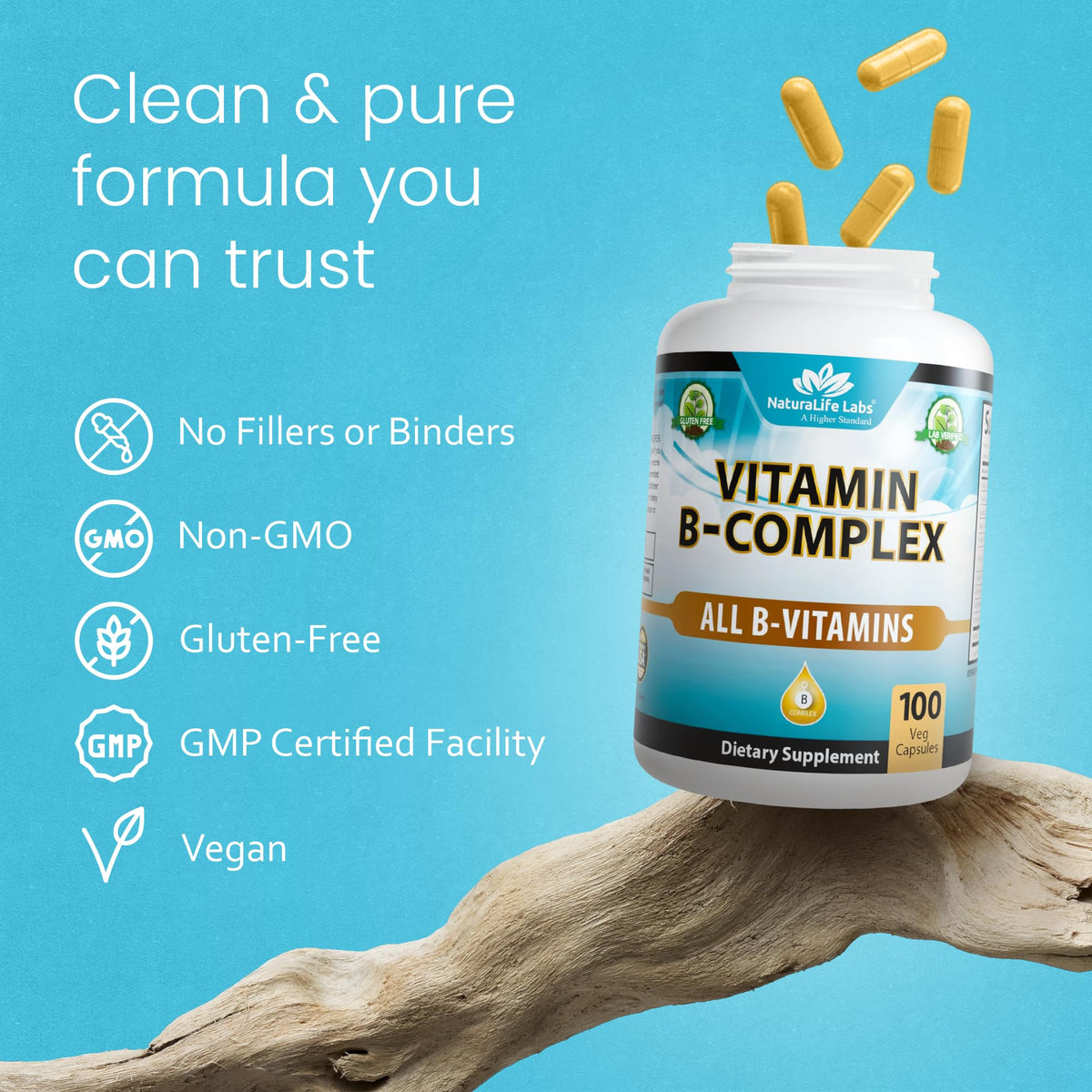 NaturaLife Labs Complexe de Vitamines B 100 Capsules, présentation sur une table