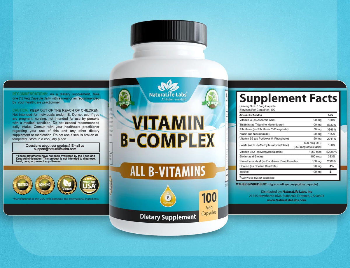 NaturaLife Labs Complexe de Vitamines B 100 Capsules, vue latérale