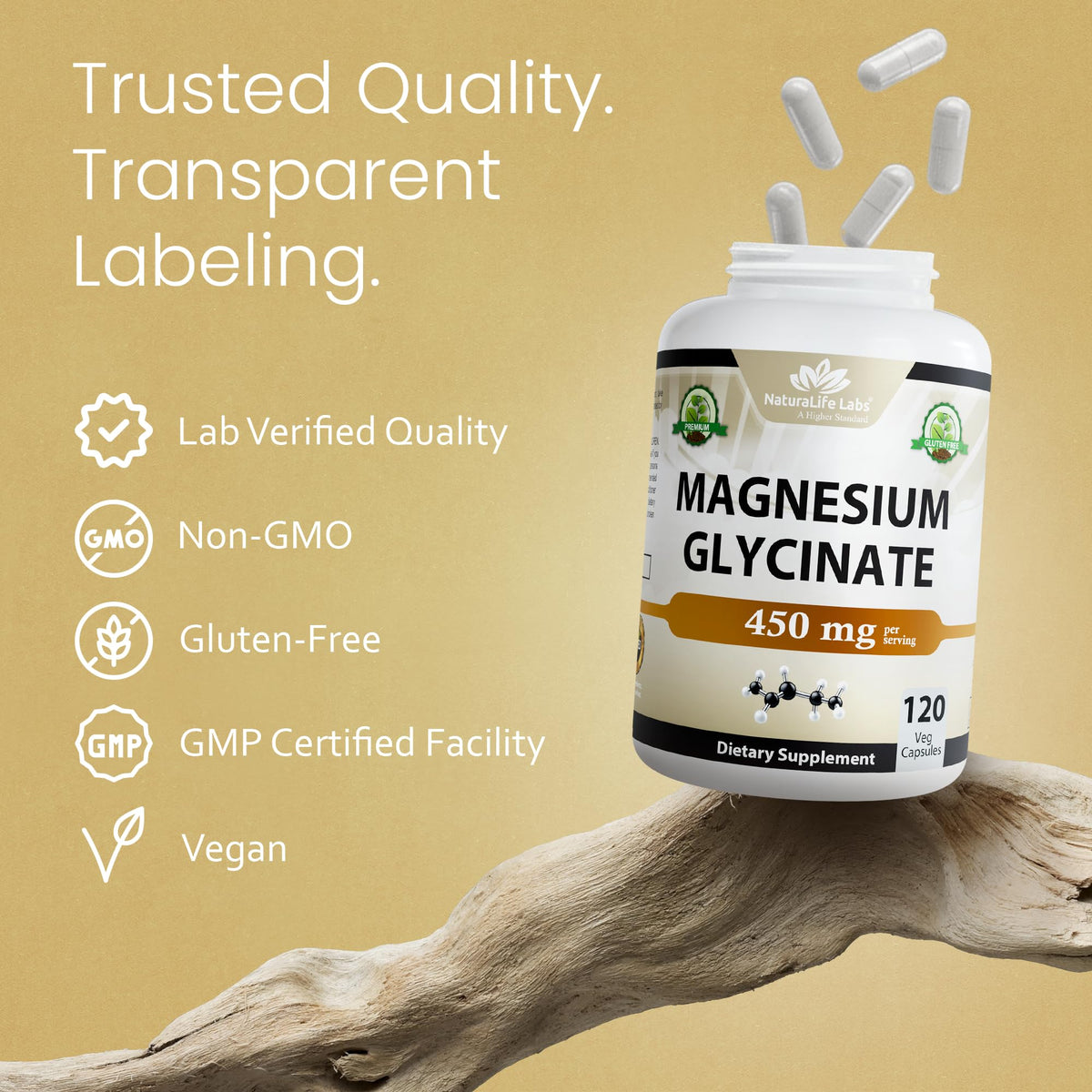 NaturaLife Labs Glycinate de Magnésium 450 mg gélules végétales avec verre d'eau