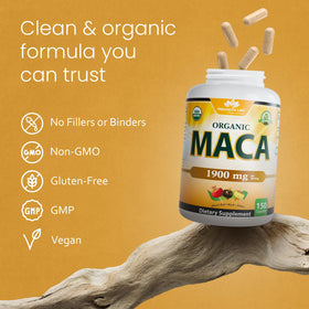 NaturaLife Labs Maca bio avec étiquette et informations nutritionnelles
