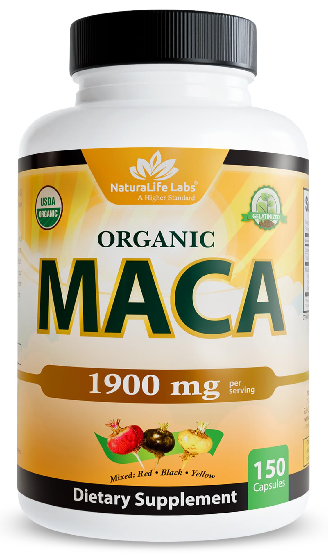 NaturaLife Labs Maca bio mélange noir, rouge et jaune, 1900 mg, 150 gélules