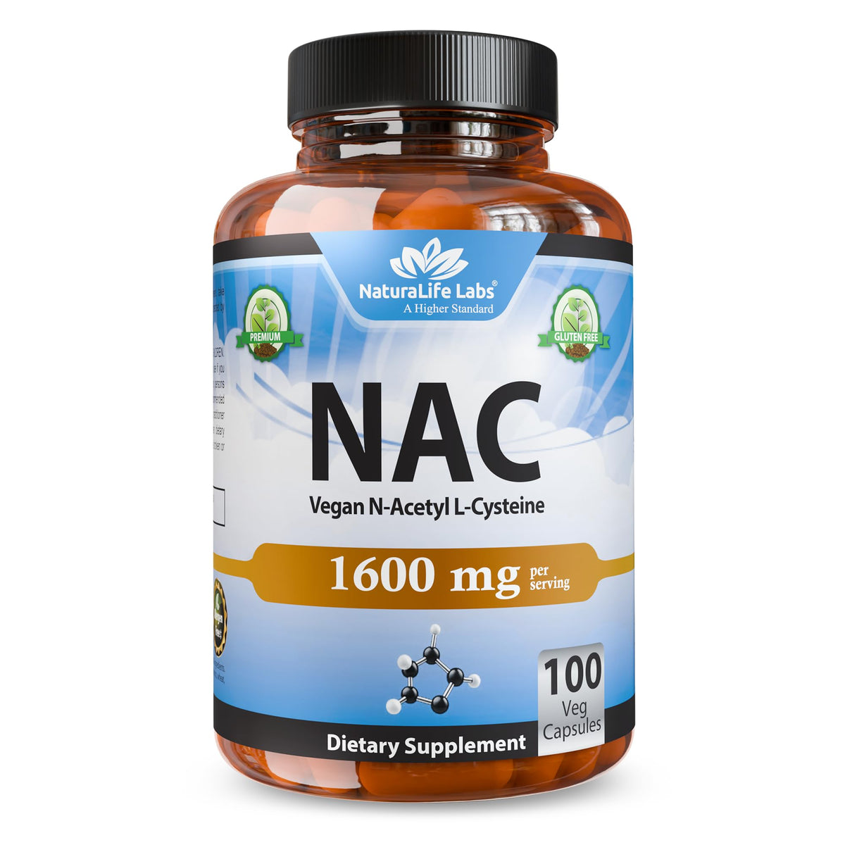 NaturaLife Labs N-Acetyl-L-Cysteine 1600 mg capsules front view