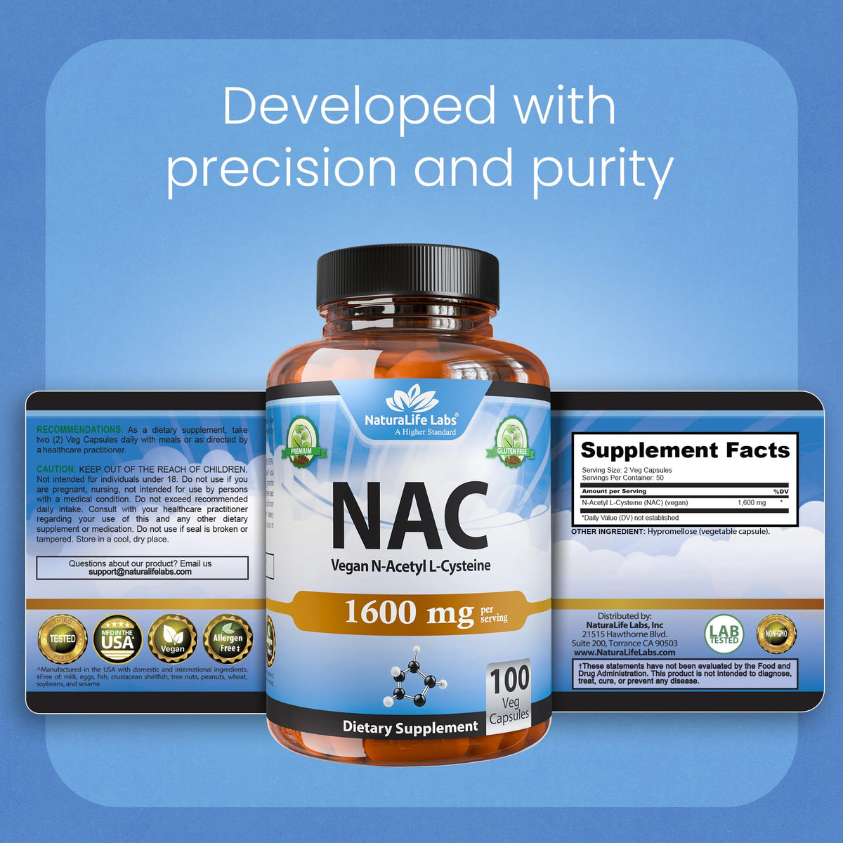 NaturaLife Labs N-Acetyl-L-Cysteine capsules with a glass of water