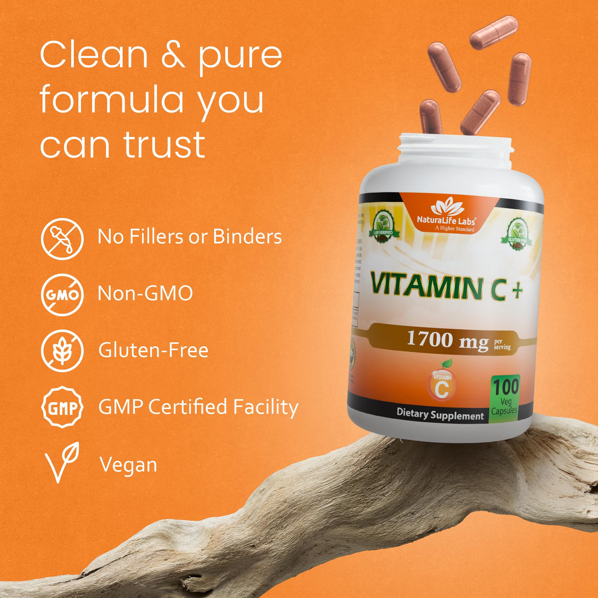 NaturaLife Labs Vitamine C 1700 mg, gros plan sur les capsules
