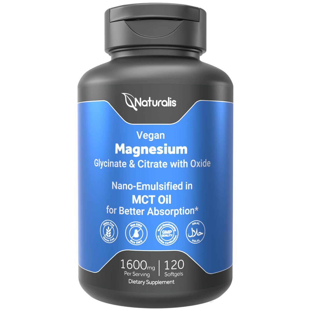 Naturalis Magnésium Végétalien 120-gélules vue avant avec étiquette