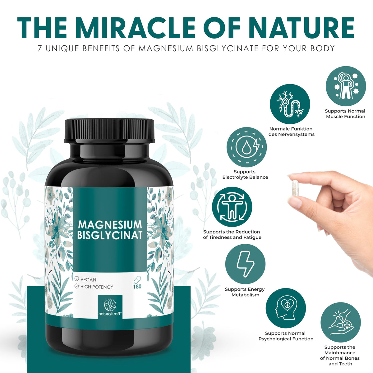 naturalkraft Magnésium Bisglycinate 2400 mg, capsules sur fond blanc