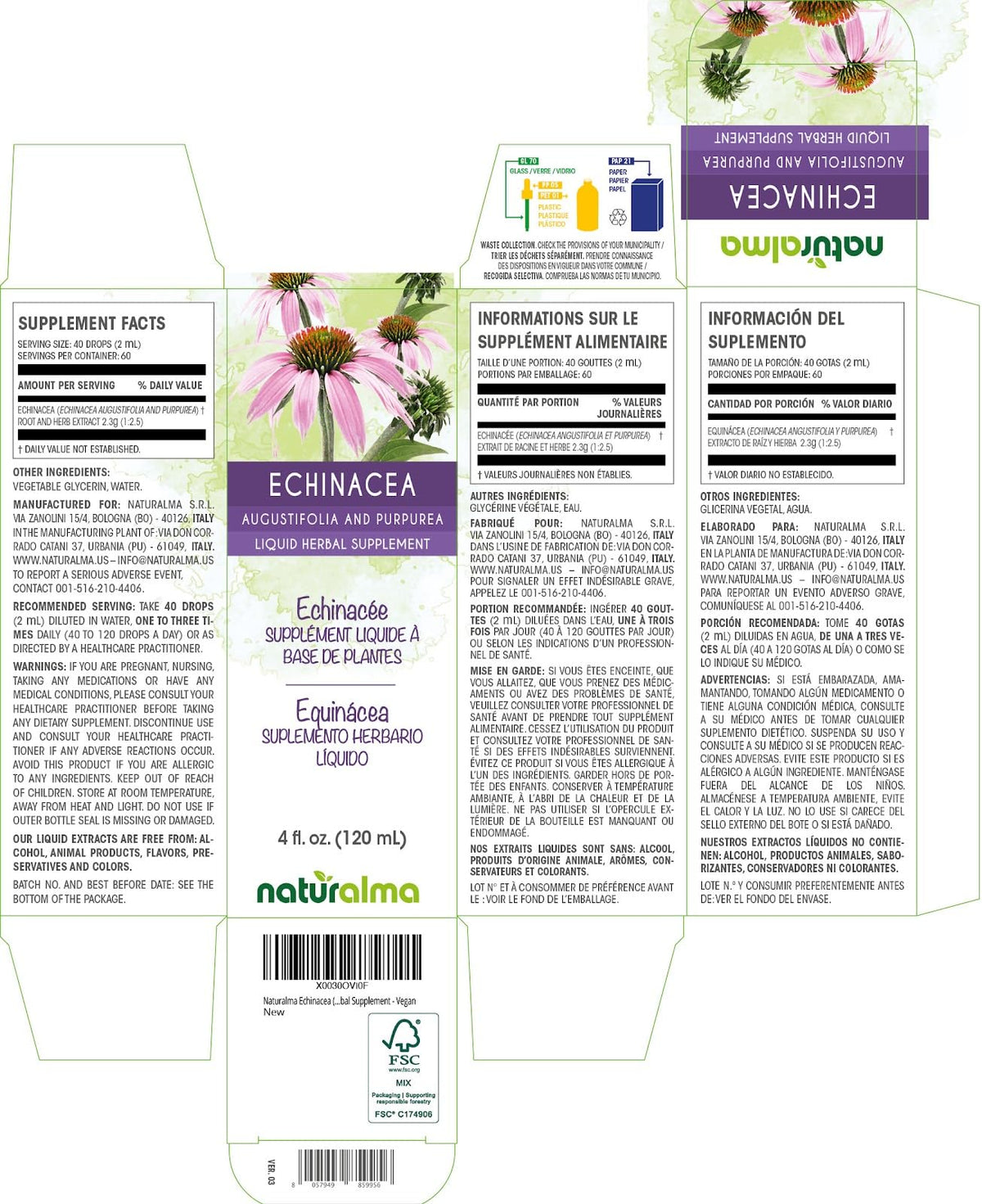 Naturalma Echinacea teinture 4 fl oz bouteille arrière