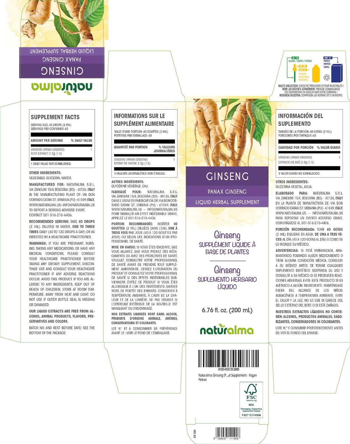 Naturalma Ginseng Tincture 200 ml vue de côté