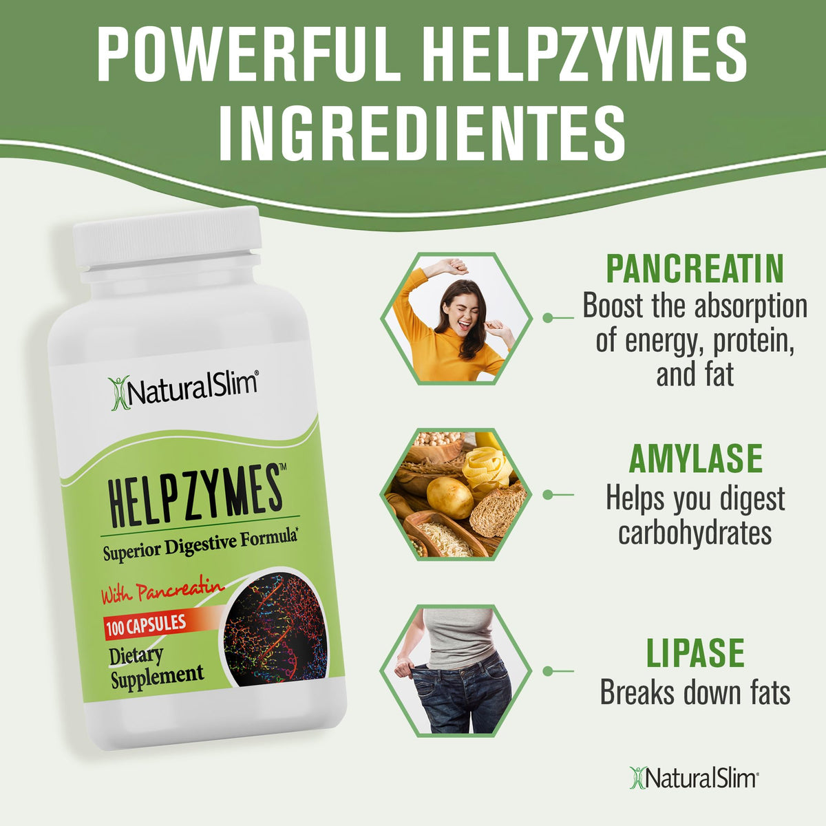 NaturalSlim Helpzymes 100 capsules avec un verre d'eau