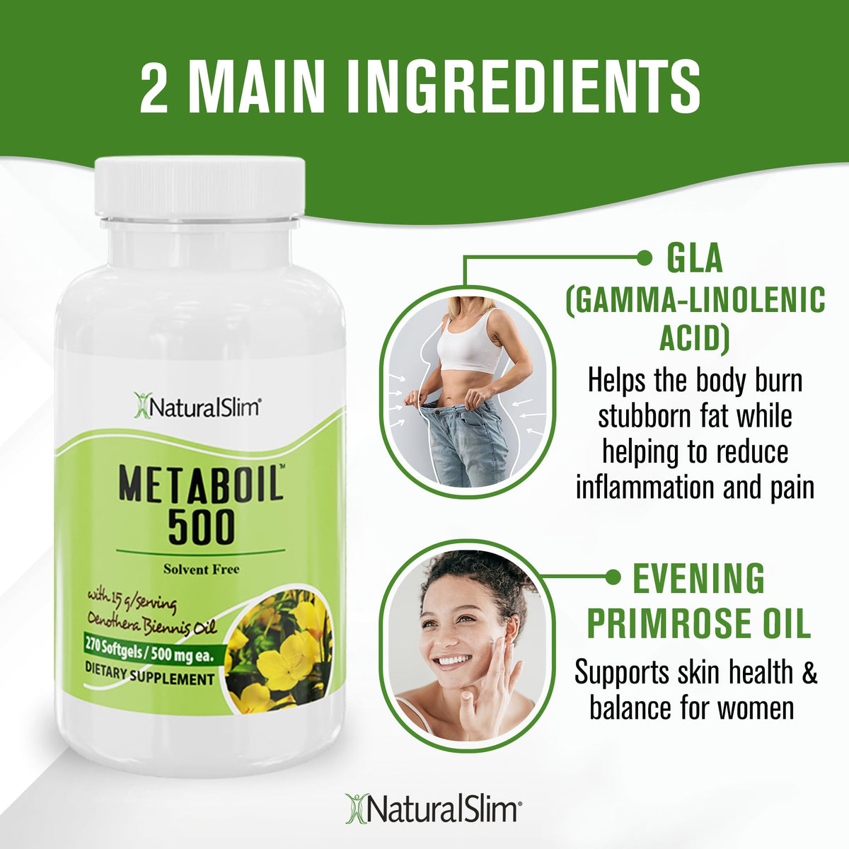 NaturalSlim Huile de Onagre 1500mg sur une table avec des ingrédients naturels