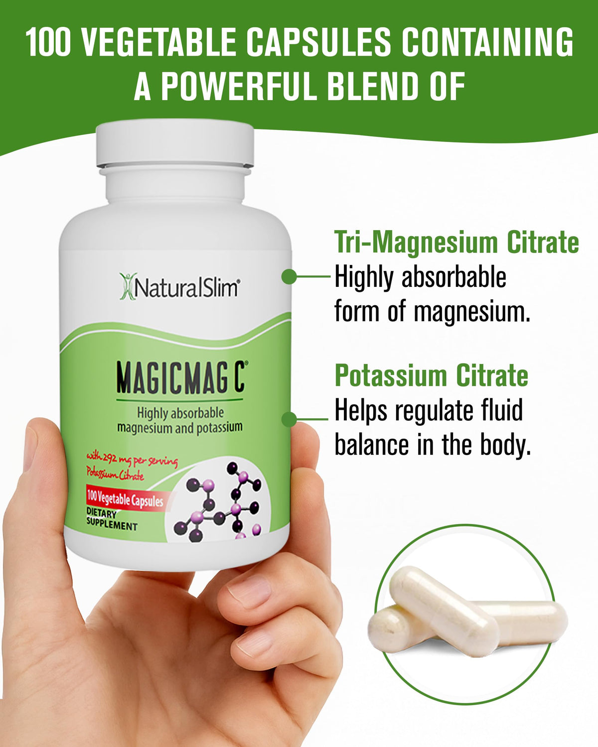 NaturalSlim MagicMag C capsules avec un verre d'eau