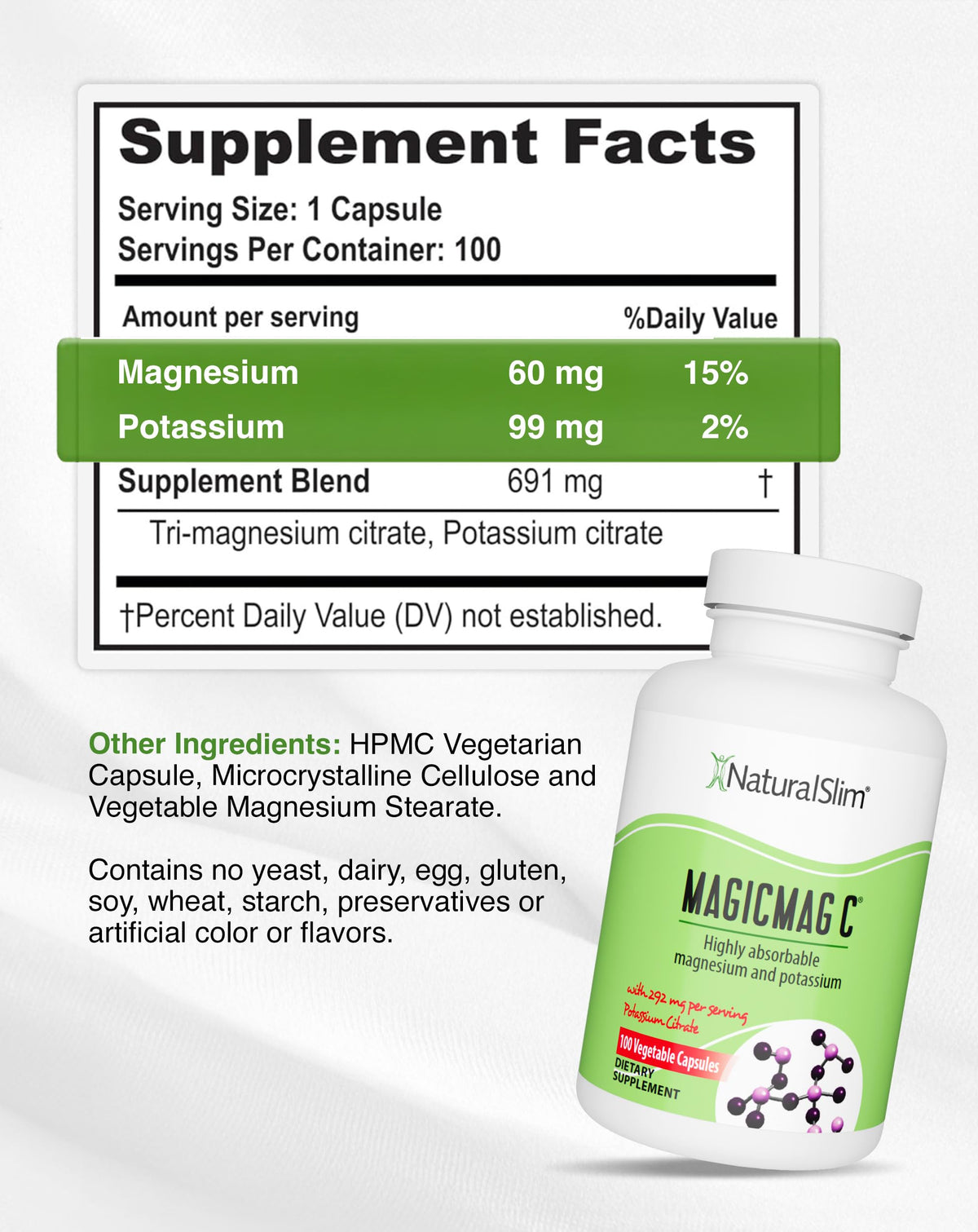 NaturalSlim MagicMag C capsules de magnésium citrate sur fond blanc